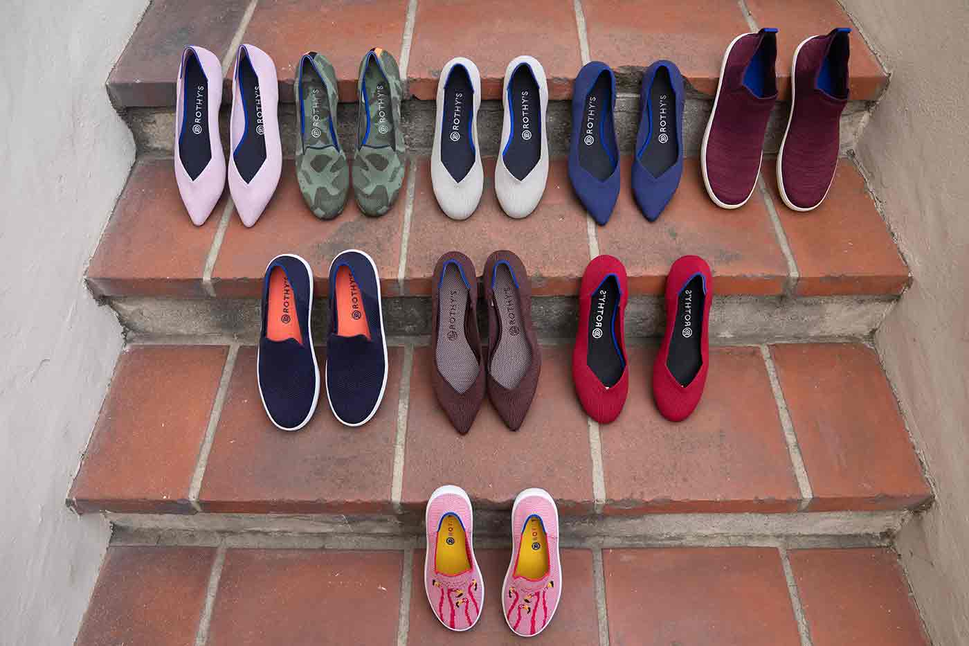 Rothy's shoes made of recycled bottles in a range of colors and style from petal pink to olive flax to truffle python and a children's pink flamingo