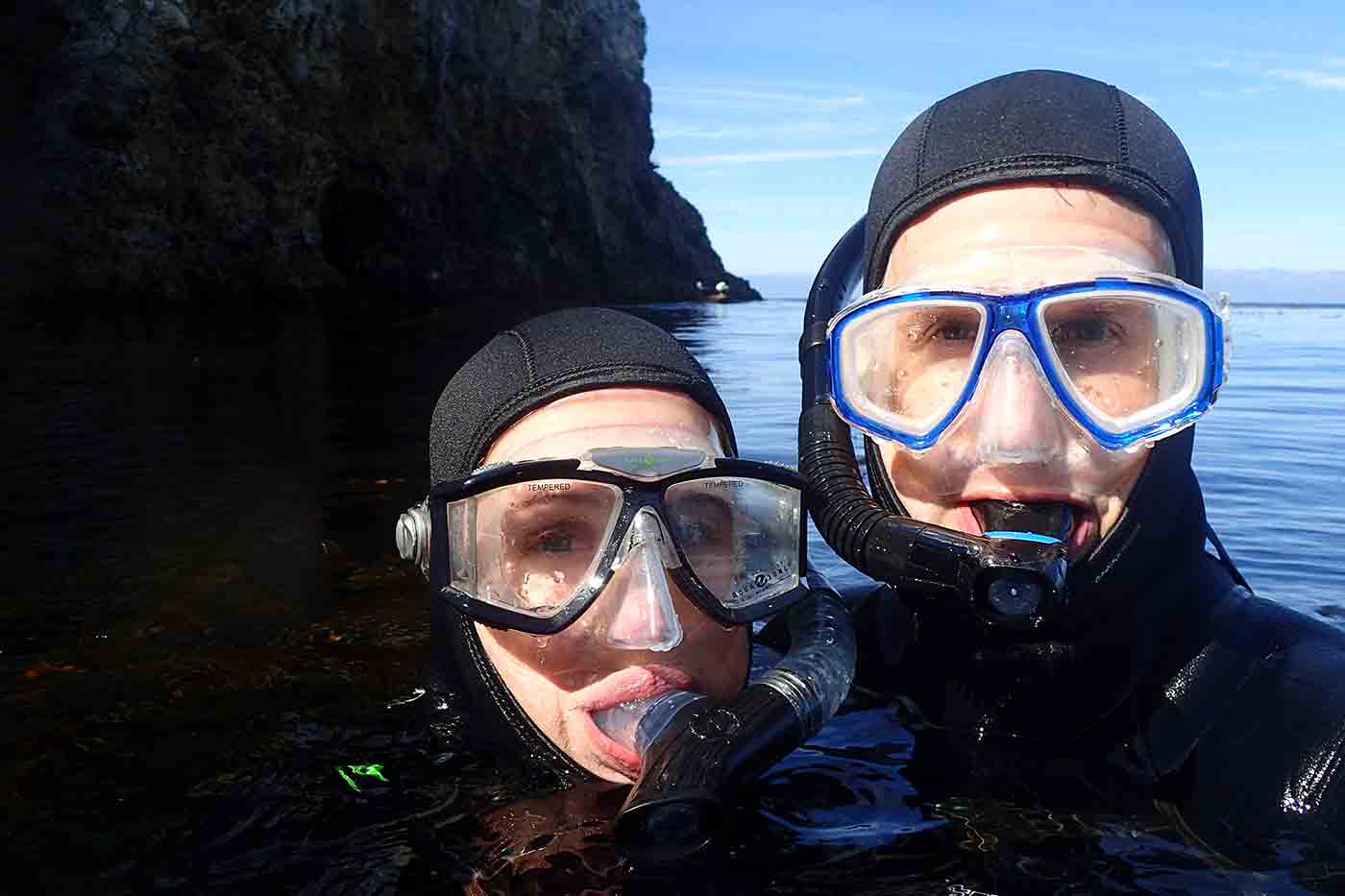 above water checking the view snorkeling off the coast of Santa Cruz Island in California