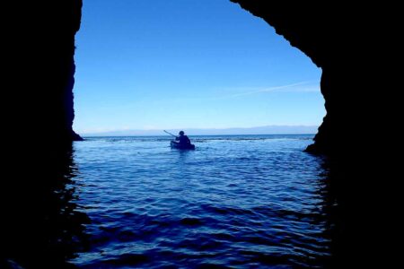 kayaking through sea caves on Santa Cruz Island in California