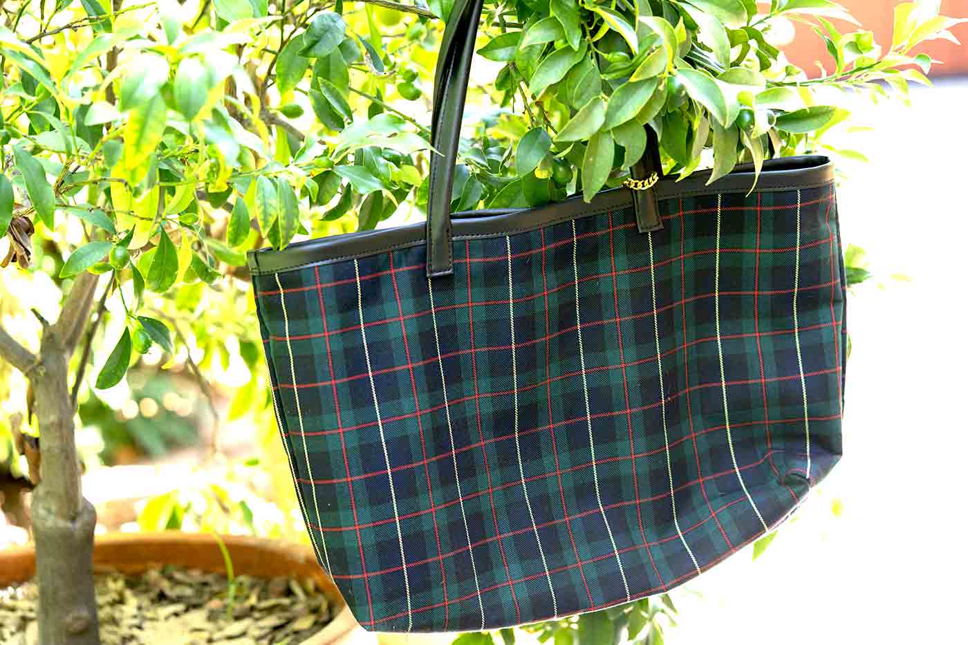 plaid fabric bag with vegan leather trim from Willis Vegan Store