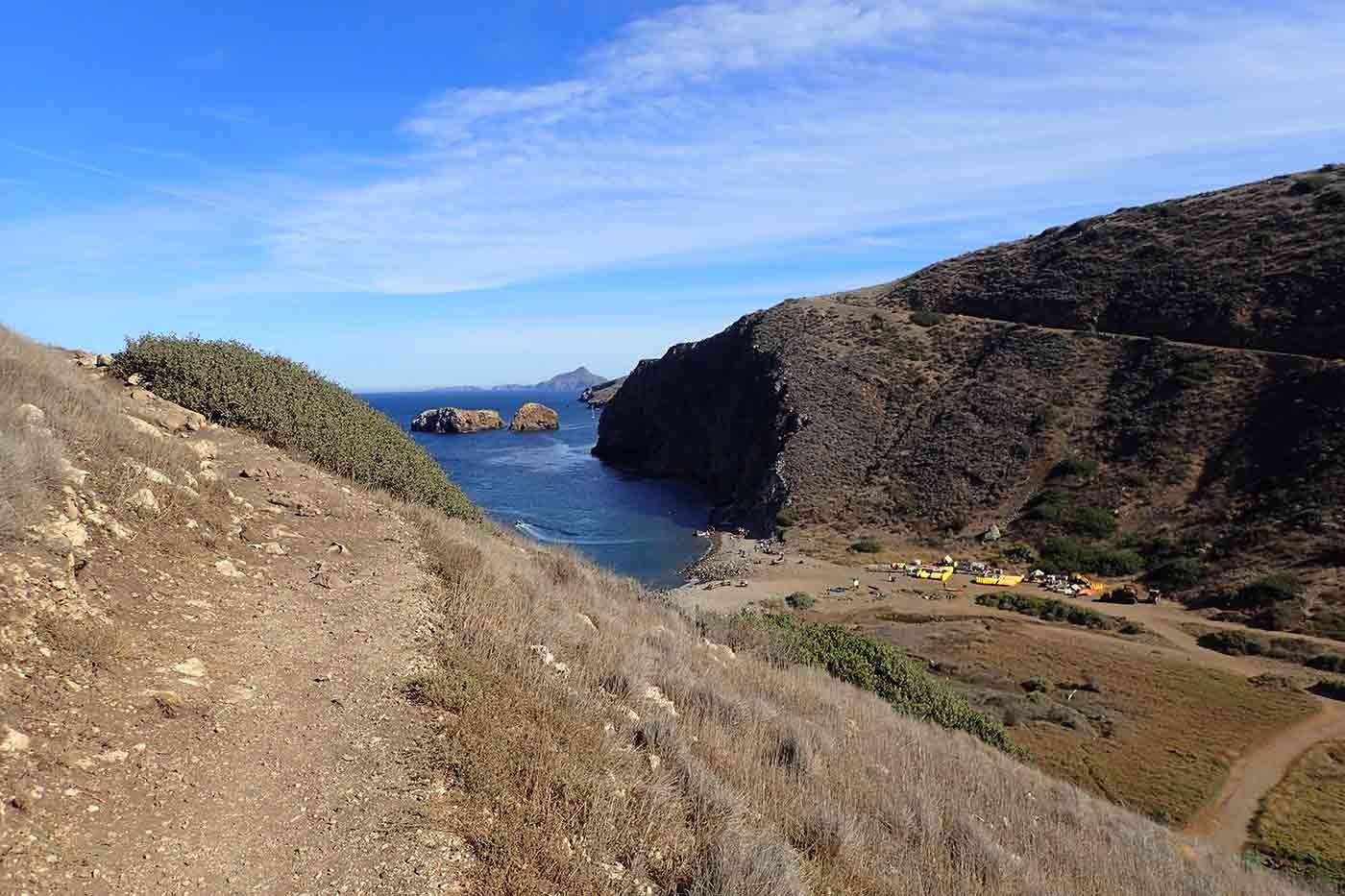 Scorpion Anchorage on a sunny day at Santa Cruz Island with a view looking down