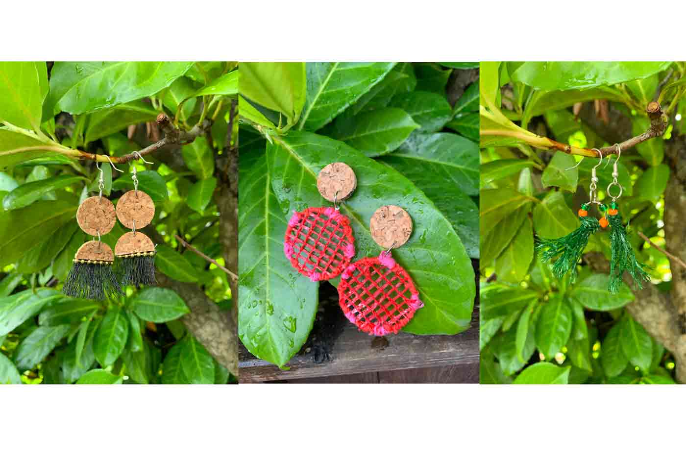 earrings made from produce bags and cork