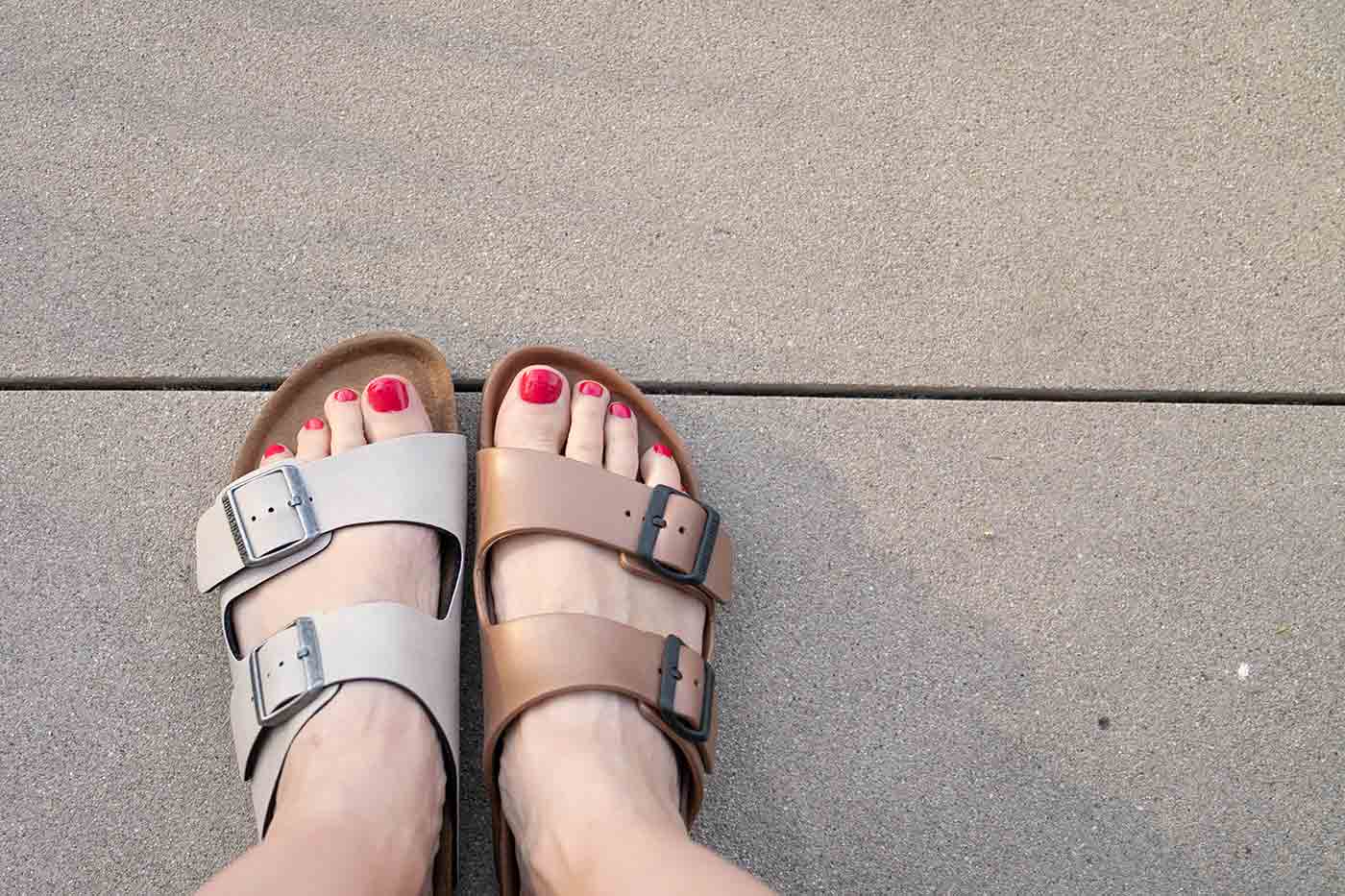 rubber and vegan leather Birkenstocks side by side