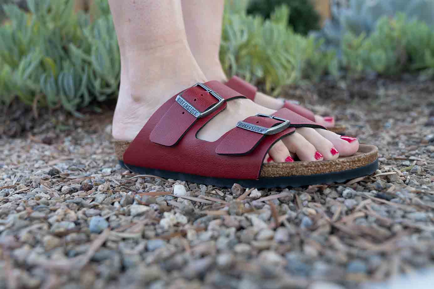 red vegan Birkenstock in the famous Arizona design