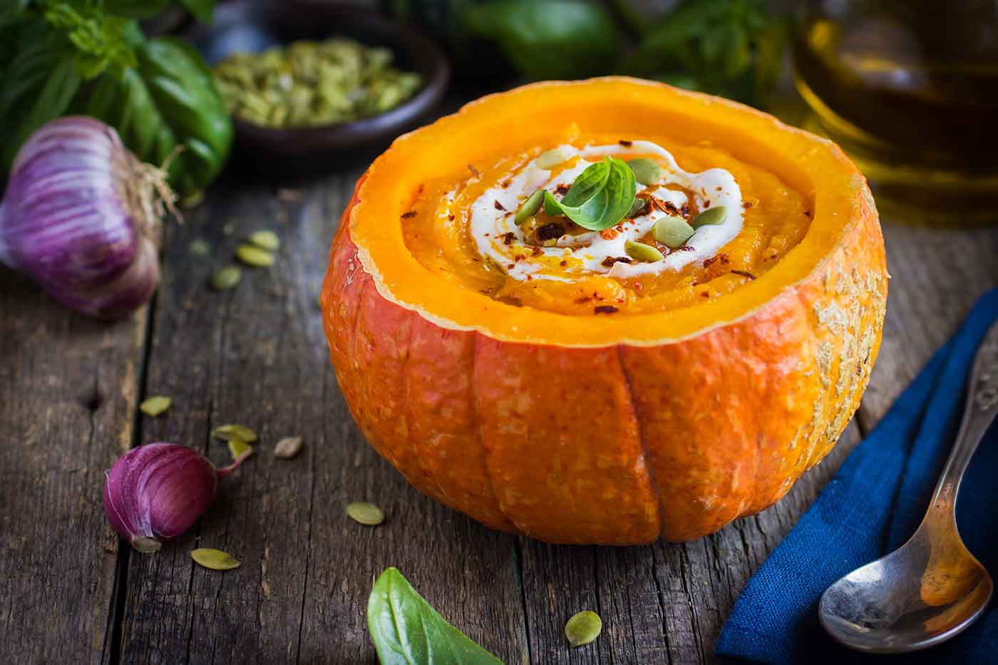 vegan squash soup served in the squash