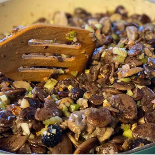 vegan Christmas lima bean salad recipe cooked close up in a Le Creuset pan