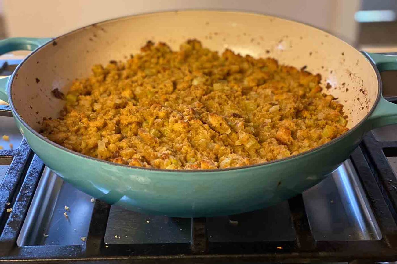 easy vegan stuffing recipe from Mrs. Cubbison's in a Le Creuset pan