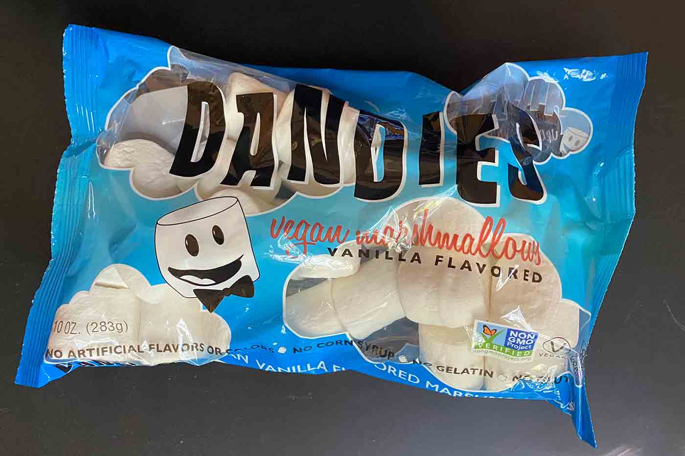 bag of Dandies marshmallows with smiling mascot